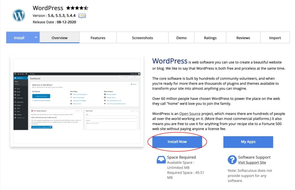 WordPress install now