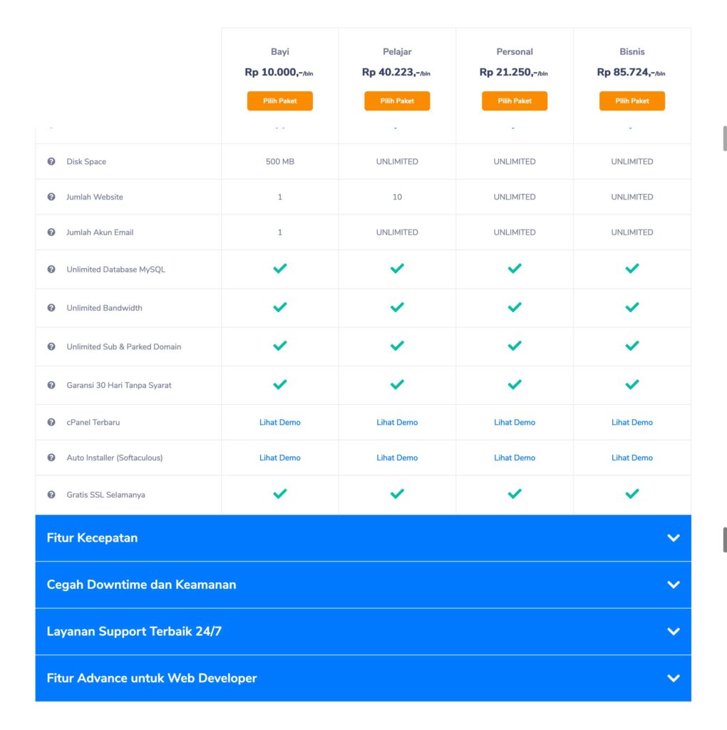 perbandingan paket niagahoster - cara membuat website sendiri