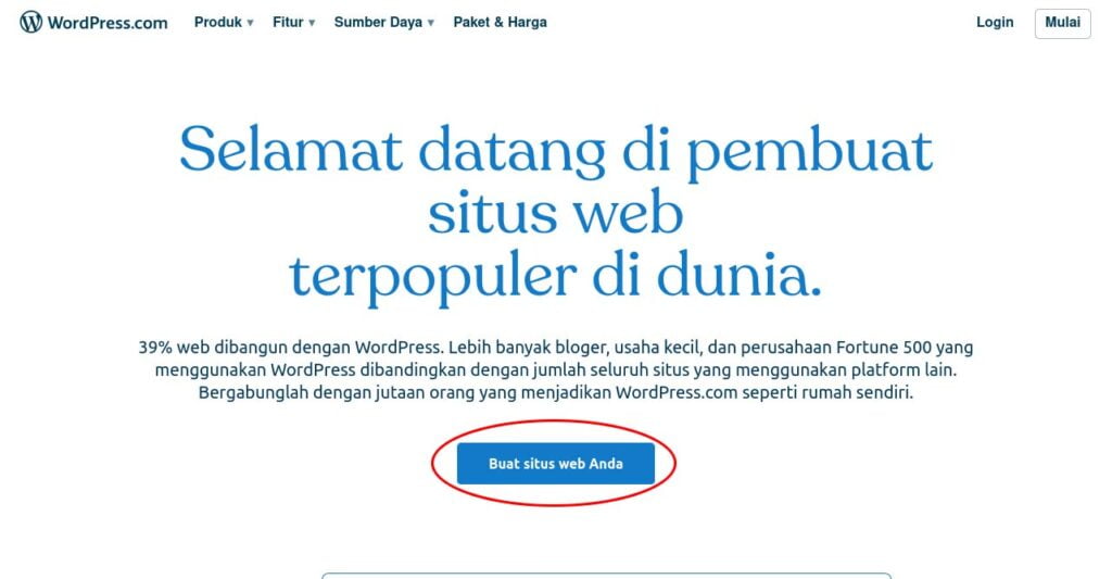step 1 halaman utama wordpress.com cara membuat website sendiri