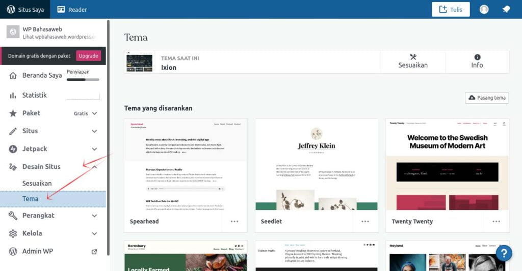 step 10 memilih tema wordpress.com cara membuat website sendiri