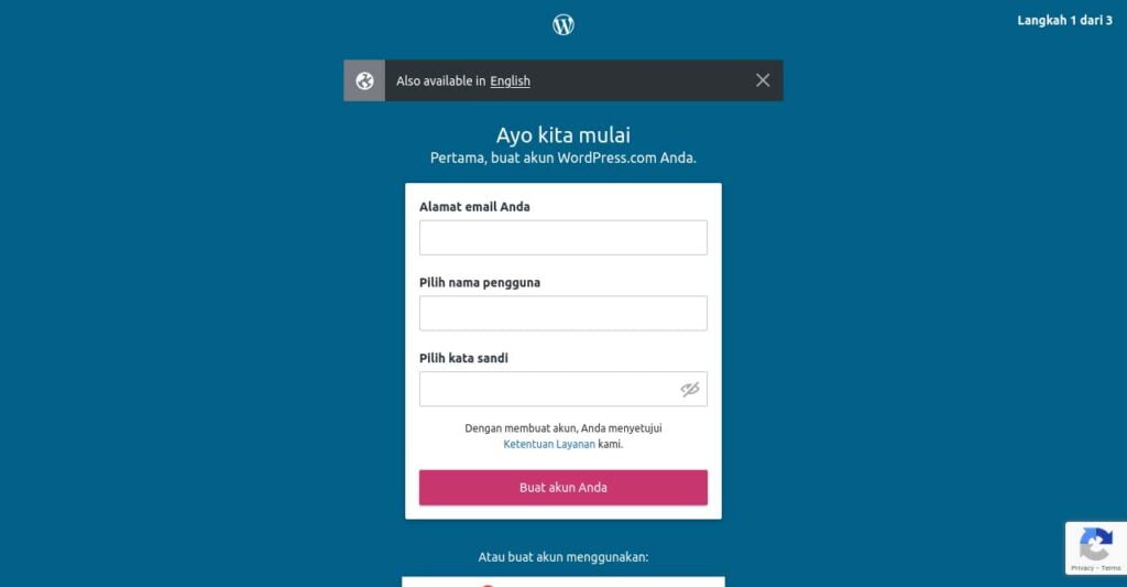 step 2 formulir pendaftaran wordpress.com cara membuat website sendiri