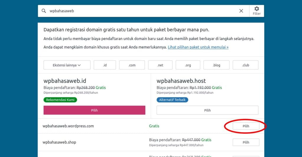 step 4 pilih wordpress.com gratis cara membuat website sendiri