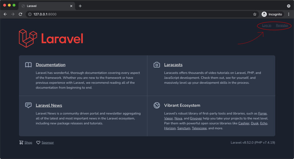 Halaman utama laravel 8 dengan autentikasi