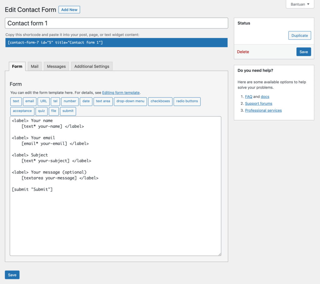 pengaturan formulir kontak di wordpress