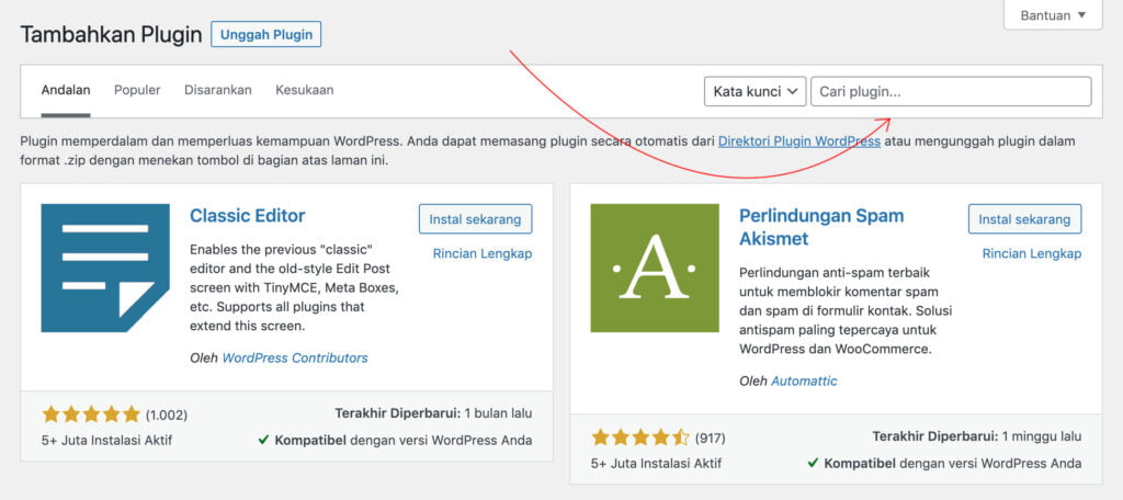 Kolom pencarian tambah plugin WordPress